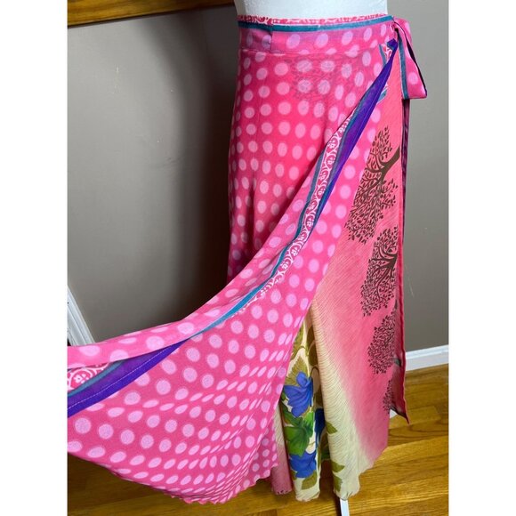 Wrap Sari Skirt Maxi Pink Reversible Chiffon Silk Blend Boho Gypsy Women 1 Sz - Picture 4 of 10